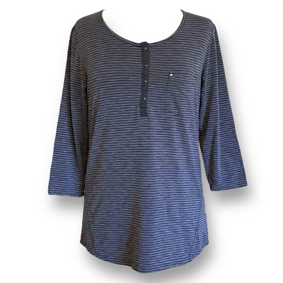 Kuhl Womens Trista Henley Shirt Sz Medium Gray Stripe Scoop Neck Slub Knit Top - Picture 1 of 7